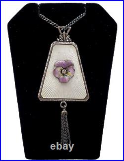 Victorian Antique Necklace Pansy Flower Love Sterling Silver Gorgeous Enamel Tas