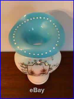 Victorian Art Glass Blue fade to Milk glass enameled Vase hand painted Bristol