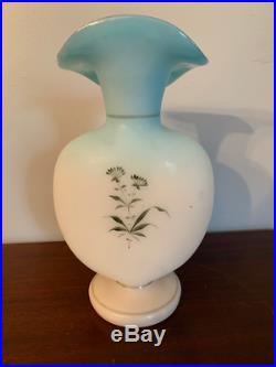Victorian Art Glass Blue fade to Milk glass enameled Vase hand painted Bristol