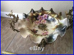 Victorian Art Glass Bride Basket enamel painted, Dragons