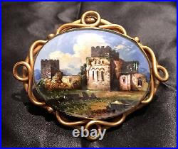 Victorian Miniature Painting Landscape Castle Brooch Scene Pendant Aisle OOAK