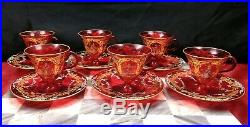 Vintage 1948 Venetian Ruby Glass Art Tea Cup Saucer Set Hand Paint Enamel 24K