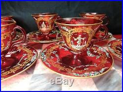 Vintage 1948 Venetian Ruby Glass Art Tea Cup Saucer Set Hand Paint Enamel 24K