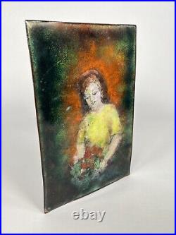 Vintage 1950s Mid Century Modern Th. Green Enamel Copper Woman Portrait Painting