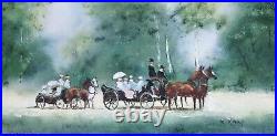 Vintage 20th C Framed ENAMEL ON COPPER Painting HORSES COACH signed MAX KARP
