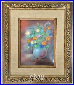 Vintage 20th C Framed ENAMEL ON COPPER Painting STILL LIFE Flowers sgnd MAX KARP