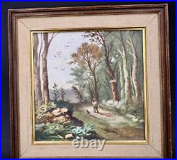 Vintage 8 Oil Painting on Porcelain Man Walking Through Woods with His Dog and