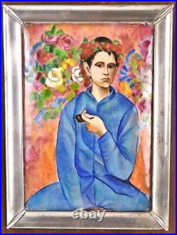 Vintage After Picasso Boy with Pipe Enamel Painting on Copper with Silver Frame
