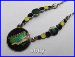 Vintage Antique Art Deco Bubbles Sterling Silver Enamel Butterfly Necklace