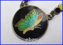 Vintage Antique Art Deco Bubbles Sterling Silver Enamel Butterfly Necklace