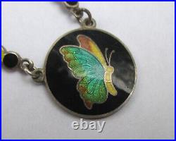 Vintage Antique Art Deco Bubbles Sterling Silver Enamel Butterfly Necklace