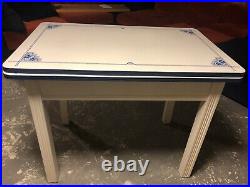 Vintage Art Deco Blue & White Enamel & Painted Wood Expanding Top Table