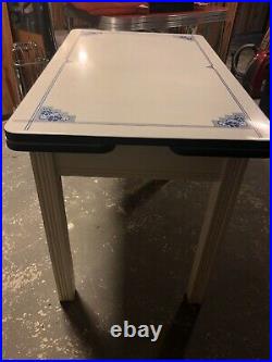 Vintage Art Deco Blue & White Enamel & Painted Wood Expanding Top Table