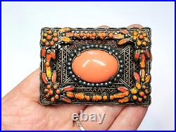 Vintage Art Deco Neiger Brothers Faux Coral Glass Floral Enamel Pin brooch