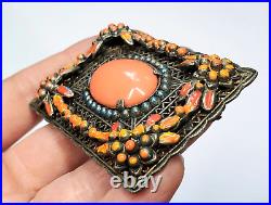 Vintage Art Deco Neiger Brothers Faux Coral Glass Floral Enamel Pin brooch