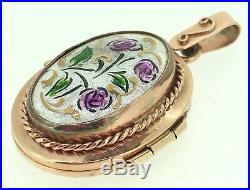 Vintage Art Nouveau Solid 14k Rose Gold Hand Painted Floral Enamel Locket