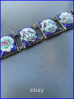 Vintage Art deco Persian hand Painted Enamel Silver Tone Panel Bracelet