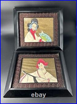 Vintage Asian Hand painted In Gouache And Gold Enamel 1950's Chinoise Style