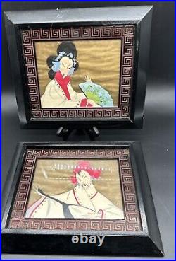 Vintage Asian Hand painted In Gouache And Gold Enamel 1950's Chinoise Style