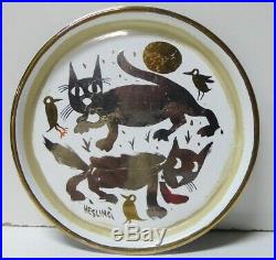 Vintage Bernard Hesling Enamel Hand Painted Plate Australian Artist Cats & Birds