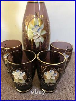 Vintage Bohemian Art Glass Decanter Hand Painted Enamel Flower & Gold- 4 glasses