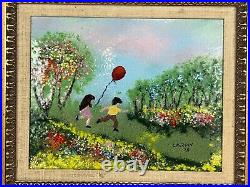 Vintage Children with Balloons Enamel on Copper Framed by Louis Cardin