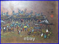 Vintage Chinese Enamel On Copper Painting Landscape Signed Rare Village Market