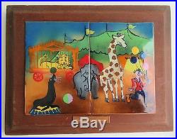 Vintage Copper Enamel Plaque Picture Painting Wall Art Wood Frame Circus Scene