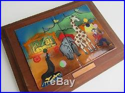 Vintage Copper Enamel Plaque Picture Painting Wall Art Wood Frame Circus Scene