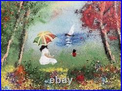 Vintage Copper and Enamel Mother & Child Painting-Signed Boat Umbrella, Lake