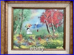 Vintage Copper and Enamel Mother & Child Painting-Signed Boat Umbrella, Lake