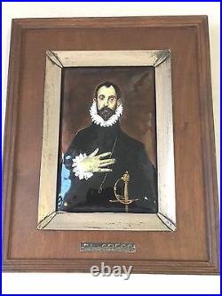 Vintage EL GRECO Portrait Of A Nobleman Silver Border Wood Framed Enamel Art