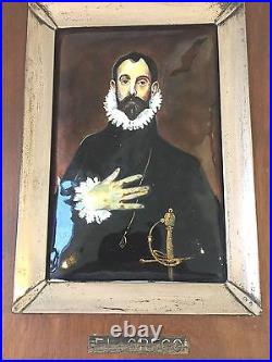 Vintage EL GRECO Portrait Of A Nobleman Silver Border Wood Framed Enamel Art