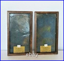 Vintage Enamel Art Wall Hanging Painting 2 pc Set 1950s Metal On Copper Signed