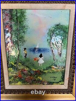 Vintage Enamel Art by Louis Cardin Children by the Pond