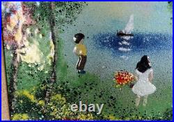 Vintage Enamel Art by Louis Cardin Children by the Pond