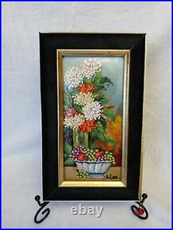 Vintage Enamel Copper Painting Flowers & Fruit 10x6 Signed S. Lee