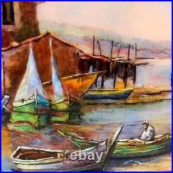 Vintage Enamel Limoges Plaque Painting Fishermen at a Dock Signed