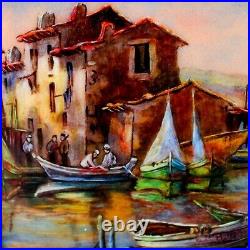 Vintage Enamel Limoges Plaque Painting Fishermen at a Dock Signed