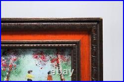 Vintage Enamel On Copper Artist Signed LOUIS CARDIN Scenic Painting Wood Frame