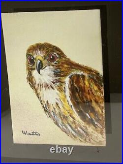 Vintage Enamel On Copper Painting Bird Of Prey, Signed Watts, Framed In Lucite