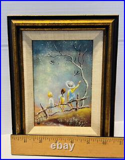 Vintage Enamel On Copper Painting Signed spring Swallows A B