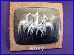 Vintage Enamel On Copper Wall Plaque MID Century Abstract Painting Art Horses