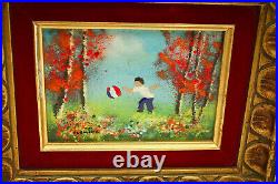 Vintage Enamel Painting Impressionist Fleming Children Copper Plate MCM