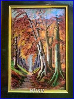 Vintage Enamel on copper framed autumn landscape 6x9.5