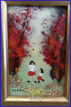 Vintage FLEMING Impressionist CHILDREN IN RED FOREST enamel on copper painting