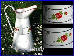 Vintage French Art Deco White Painted Enamel Enamelware Body Pitcher Red Flowers