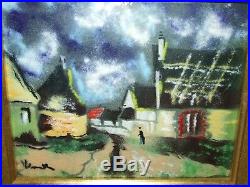 Vintage French Artist Painting Enamel on Copper Street Scene Signed Vlaminck