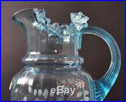 Vintage Hand Blown Blue Art Glass Handled Pitcher Enameled Hand Painted 9 3/4
