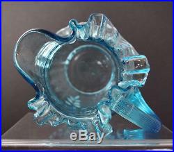 Vintage Hand Blown Blue Art Glass Handled Pitcher Enameled Hand Painted 9 3/4